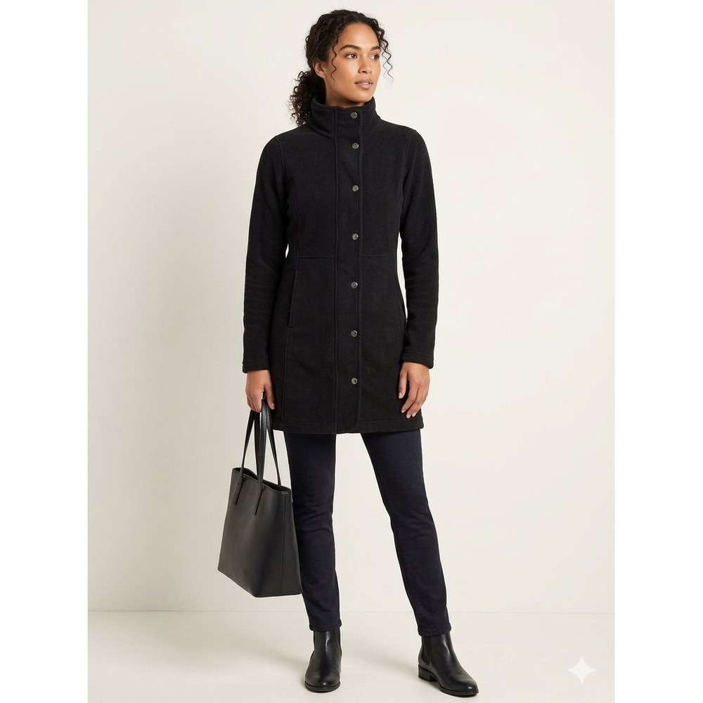 Kuhl Women Black Alfpaca Fleece Long Jacket Funnel Neck Snap Front Coat Size S
